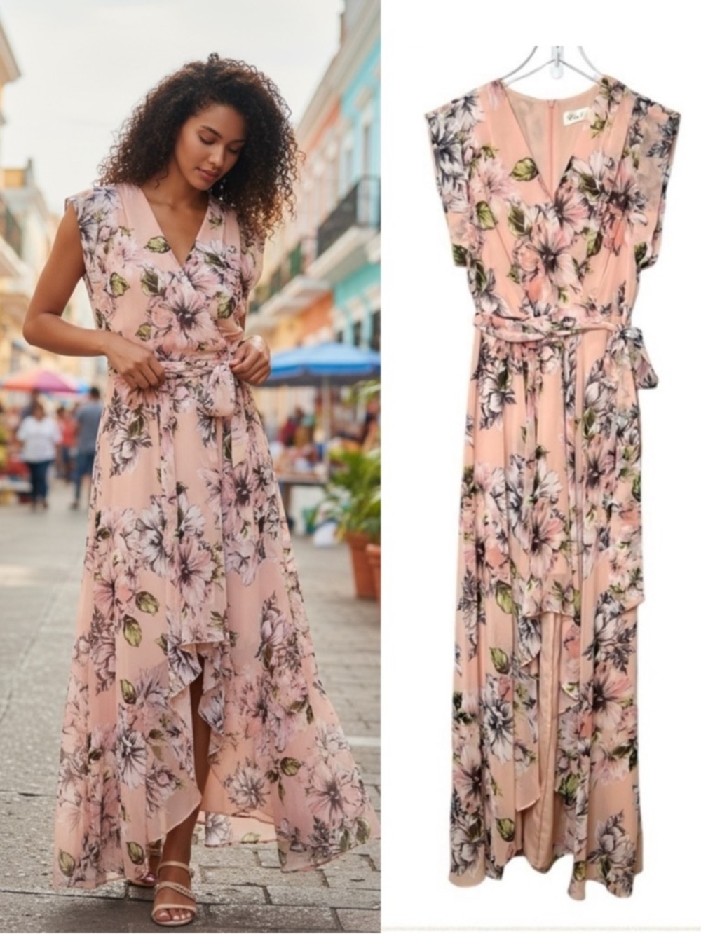 Eliza J Blush Pink Floral Ruffle High Low Faux Wrap Women’s Maxi Dress Sz 6